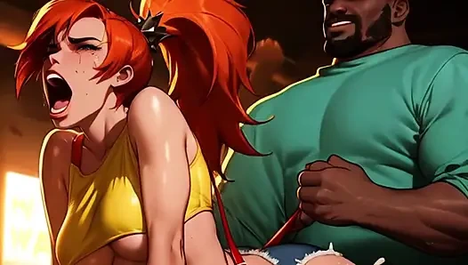 Rothaarige misty macht die pokemon-eier ab und holt bbc ab