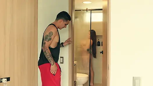 My stepbrother looks at me in the bathroom and starts masturbating while no one is home