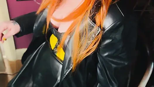 The Gothic Cutie Tina Snua Dressed In a Leather Coat & Smoking A Cork 100 Cigarette - Ginger Miss Smokes In A Leather Outfit OME