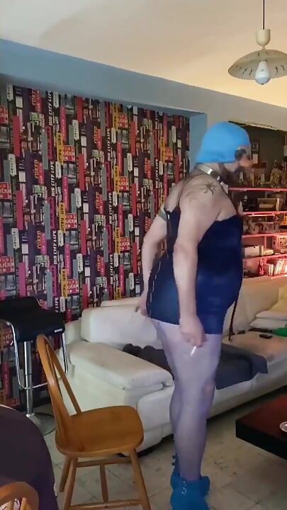 Dirty sissy whore in blue outfit playing hard ass to mouth sex