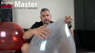 Guy blows up balloons, humps and pops them.