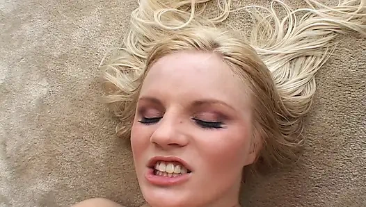 Hot blonde eats cum after sucking and riding two huge cocks
