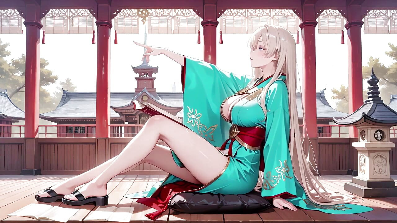 Blonde in a Green Kimono! Lazy Terrace Reading, off-shoulder Design Is Too Sinful!