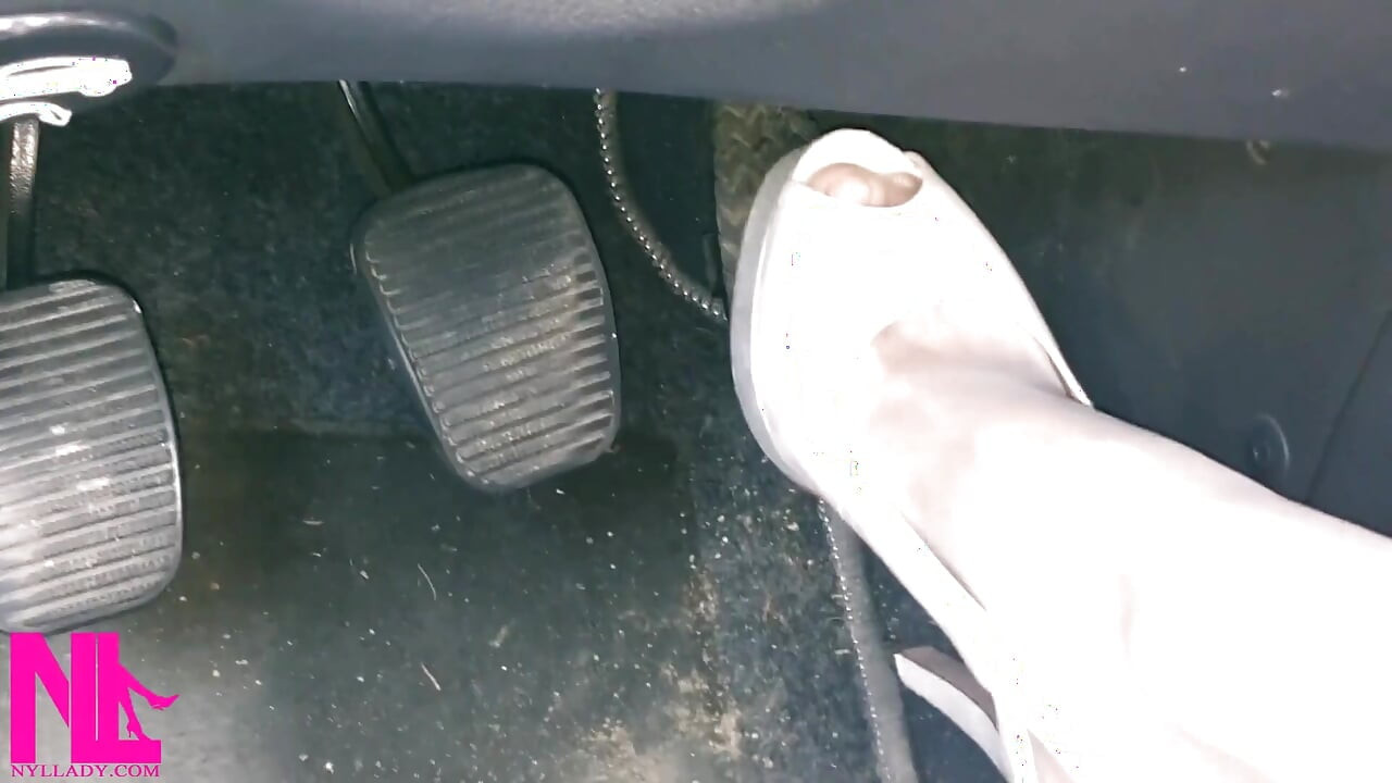 Revving and Crazy Pedal Pumping in White Stockings and White High Peeptoed Heeled Sandals