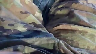 Army specialist jerks off in his uniform wearing a jock and wrestling singlet under the uniform