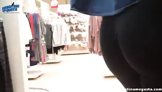 Round Ass Teen in Black Pants showing her thong at the mall