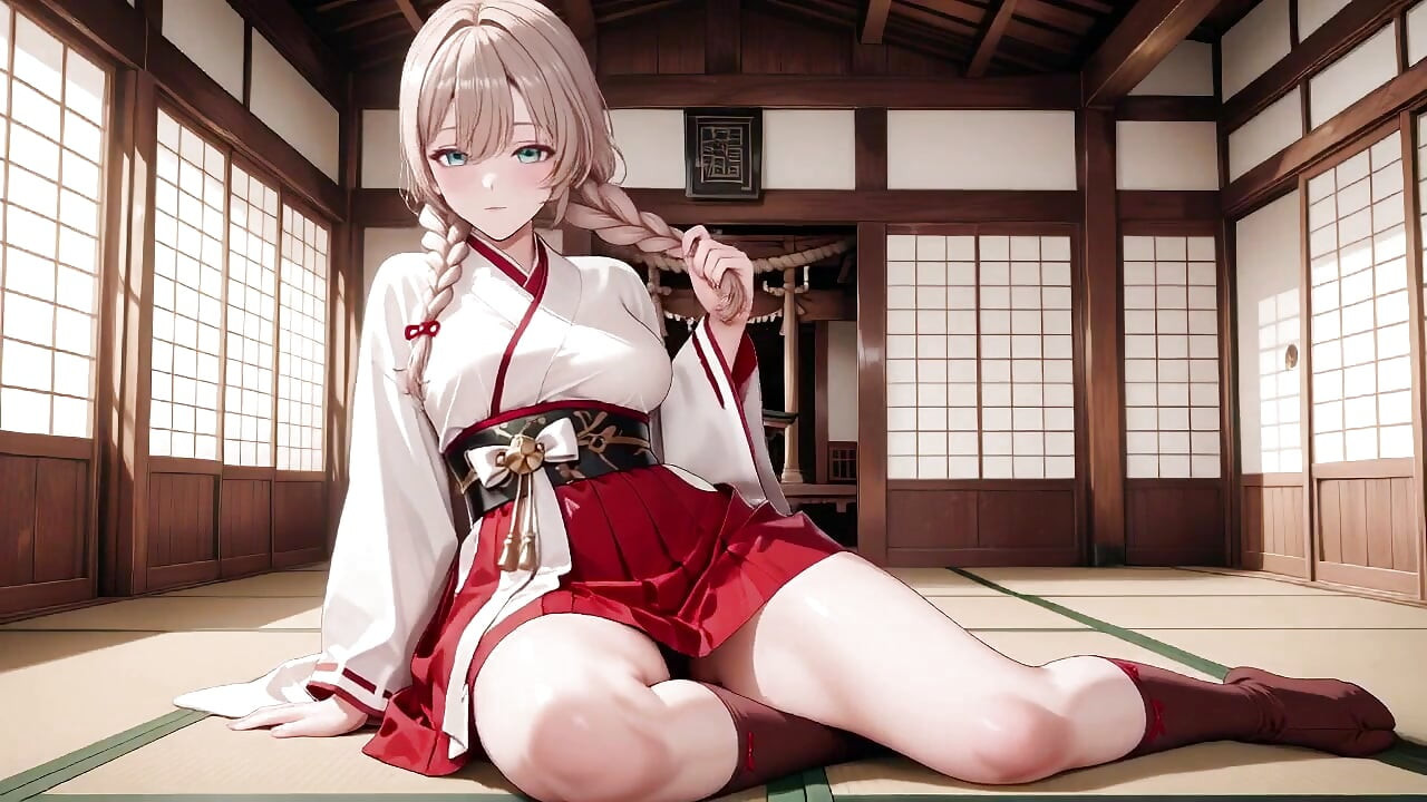 Red & White Miko! Forbidden Encounter at the Shrine, Golden Hair Trembling Under Sacred Robes, From Solemn Kneel to Blurry Gaze