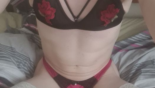 wearing my red lingerie whilst toying my hole.