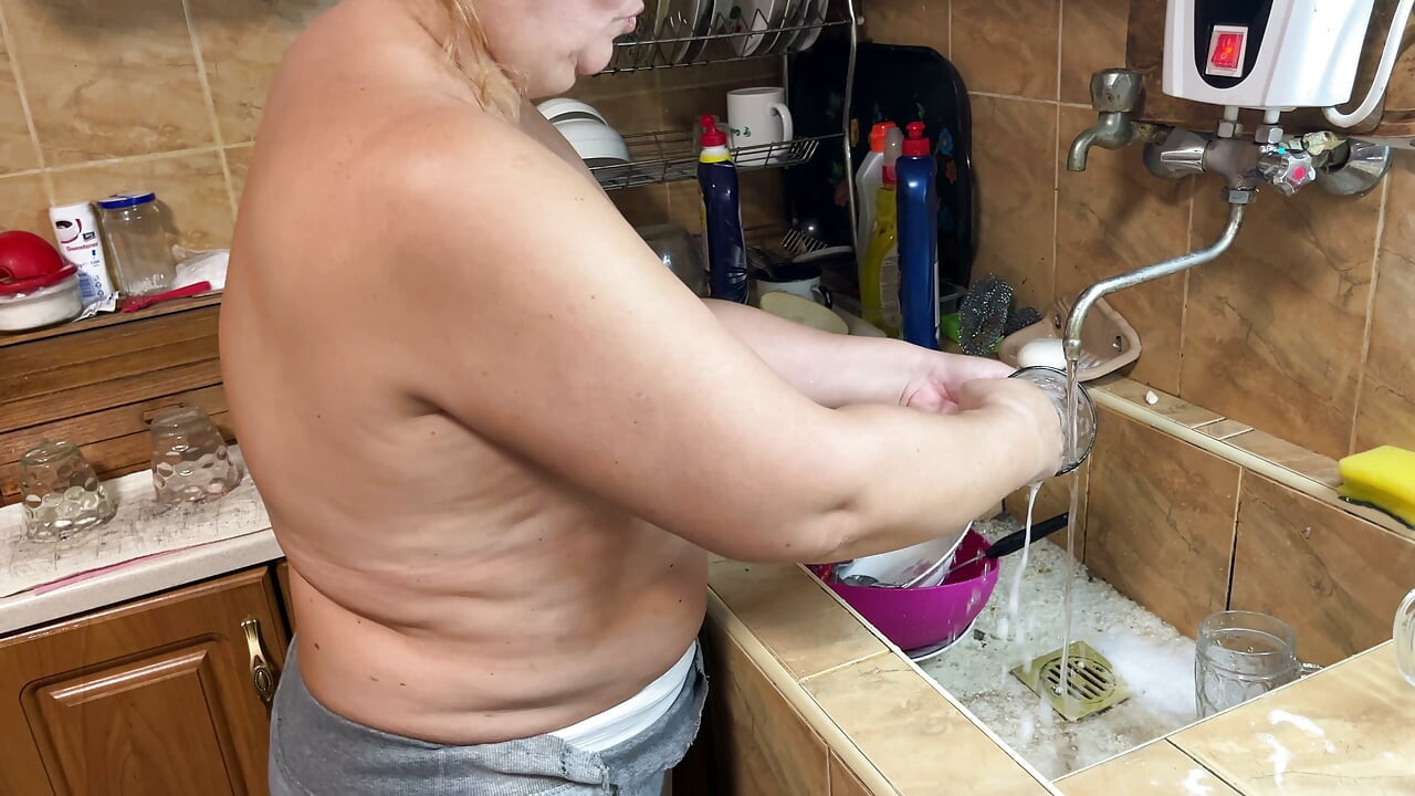 Zara Charm Topless Kitchen Fun Washing Dishes to the Music