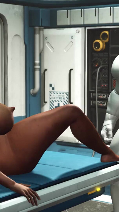 A sexy young busty ebony has hard anal sex with sex robot in the medbay | Clip 1