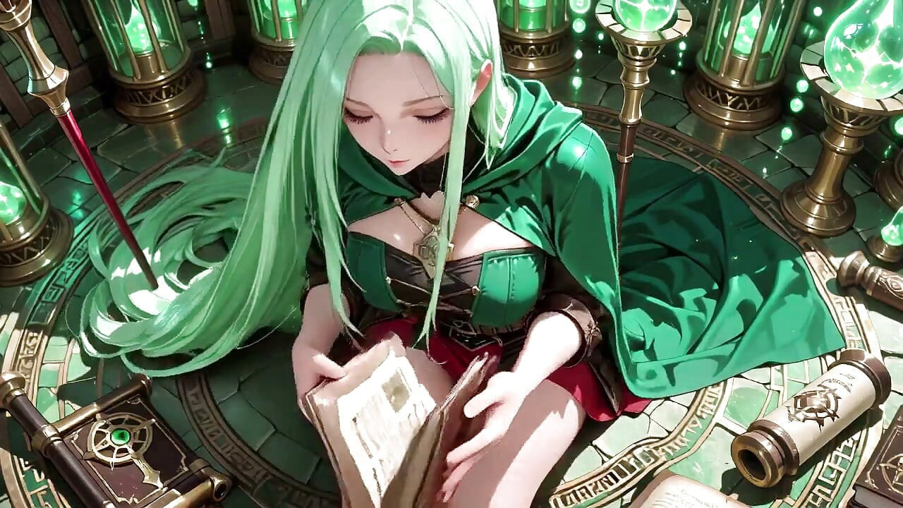 Under the Ethereal Blue Glow of a Gothic Cathedral, She Kneels with Her Staff, Eyes Locked on You.