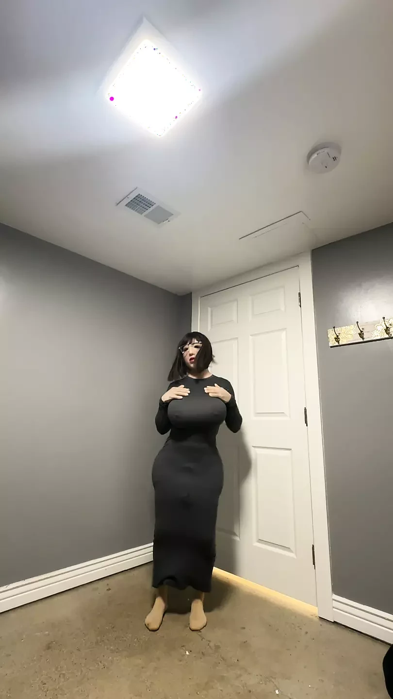 Hot trans CD in tight gray dress teasing huge cock