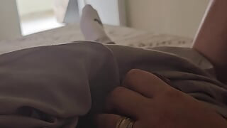 Step mom pulled out step son dick under blanket and handjob him