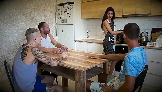 A Housewife Seduced Her Husband and His Friends - They Fucked Her Hard on the Kitchen Table.