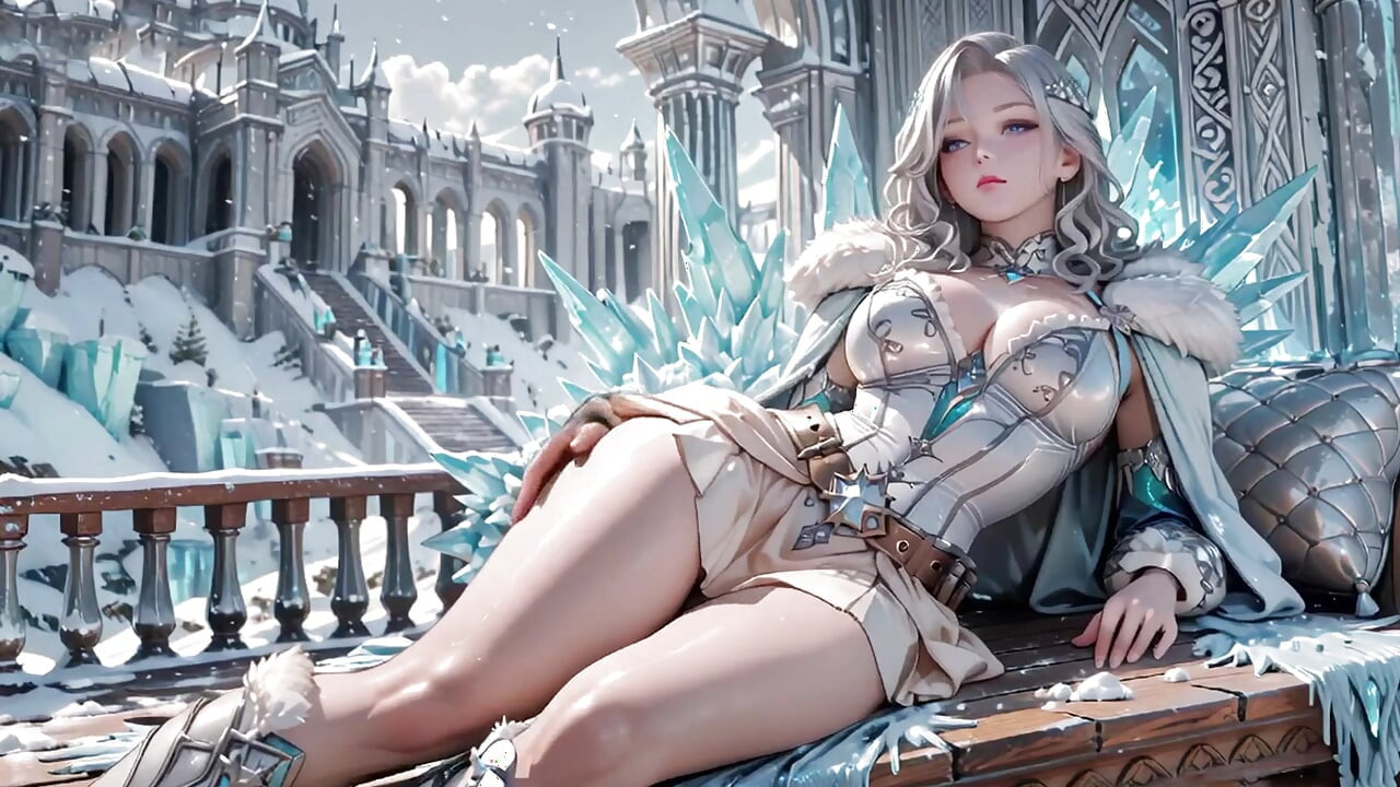 Silver-Haired Ice Queen! Kneeling in the Frozen Castle, her cold armor hides so many secrets. Hand on chest, biting lips...