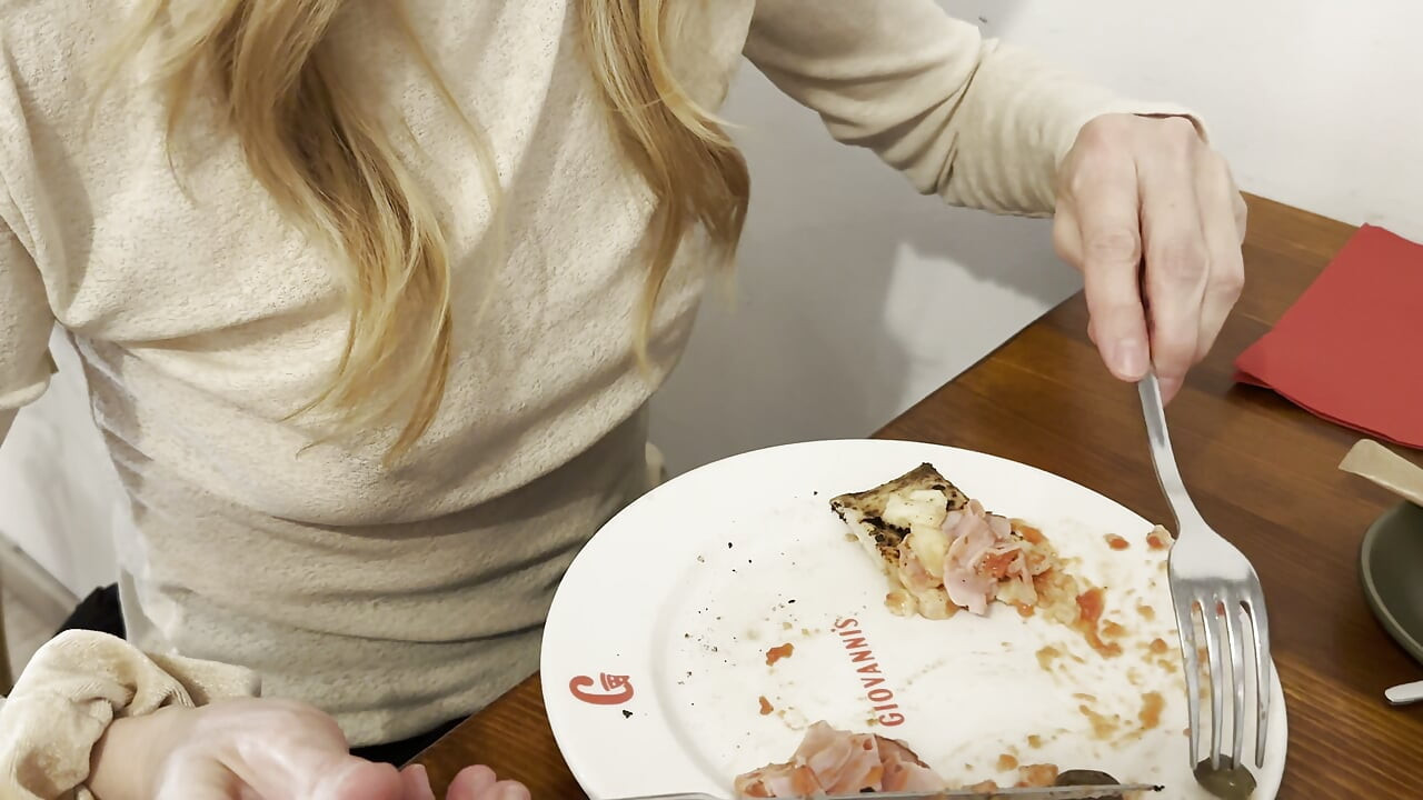 Having Pizza in a sheer blouse in public  in a restaurant exposing my big nipples