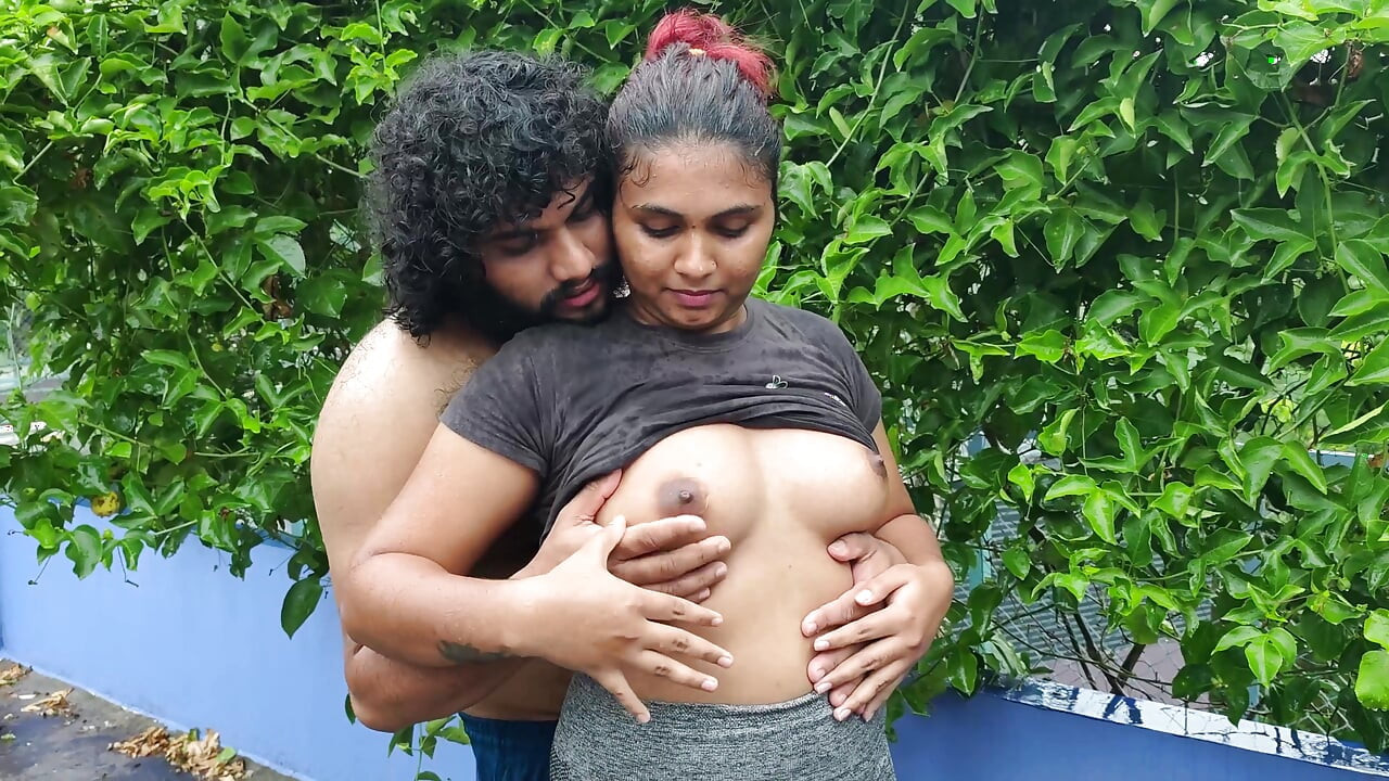 out door terrace rain romance with boobs suck and boobs press