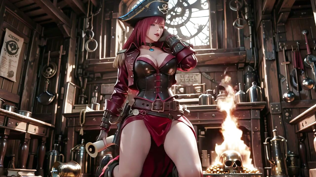 Rothaarige Piratenkönigin! Faule Göttin im Goldverlies. Knielender Blick ist wahnsinnig!