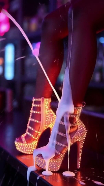 Hot high heels on a counter in a nightclub with messy cumshots on legs, feet and heels. AI-generated | Clip 1