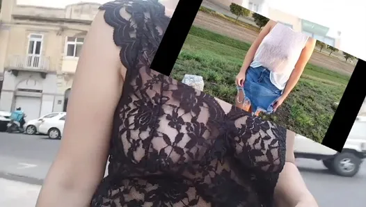 she flashes her tits in public.  see-through blouse