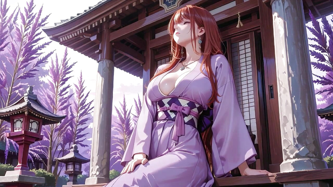 Rödhårig Kimono Gudinna! På knä under den heliga Torii-porten justerar hon sin blöta baklösa outfit med en blyg blick.