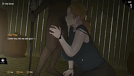 Хентай игра - прибытие богини - часть 1, горячая сексуальная женщина-блондинка выполняет Paizuri и интенсивный минет для вождя племени
