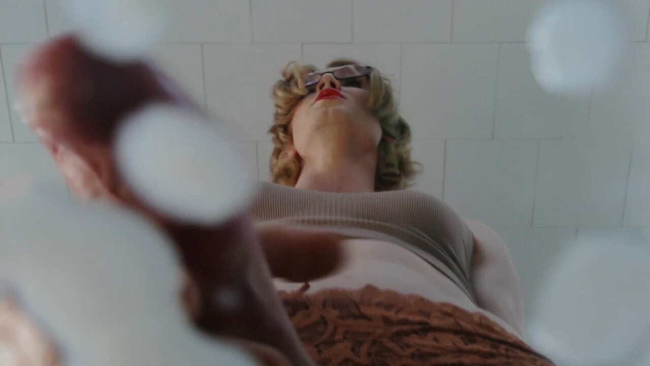 strawberry blonde femboy red lipstick tease - sports bra & fishnets cums on your face