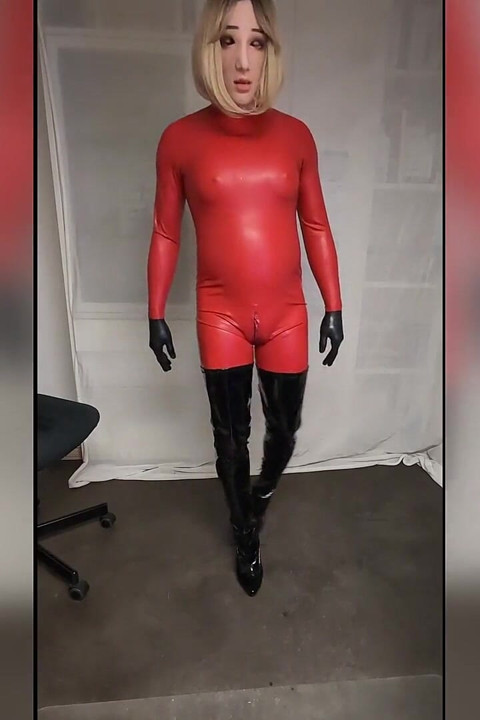 Red Latex Catsuit, Blonde in Overknees, Dressing and Readying for Session, Gagged, Cuffed