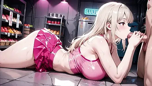 Geile blonde schätzchen im lebensmittelgeschäft - rosa latex-minirock hochgezogen