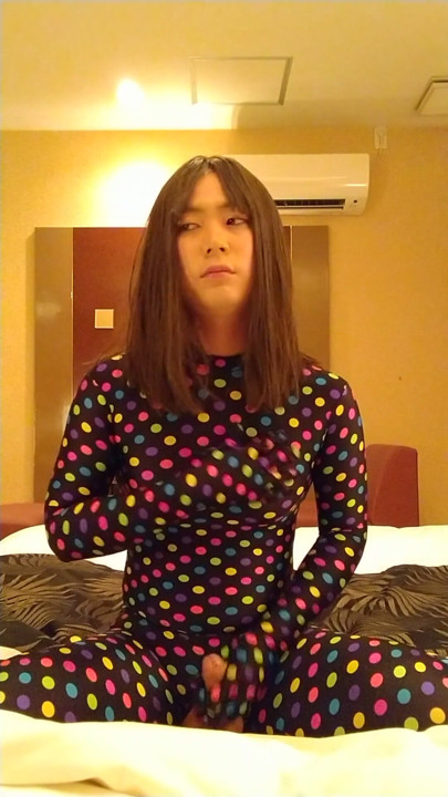 Japanese crossdresses masturbate wearing colorful morphsuit | Clip 1