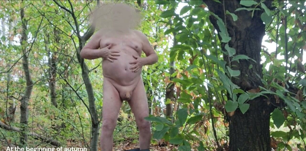 Being naked outside in the woods during the beginning of autumn, with falling leaves, feels good