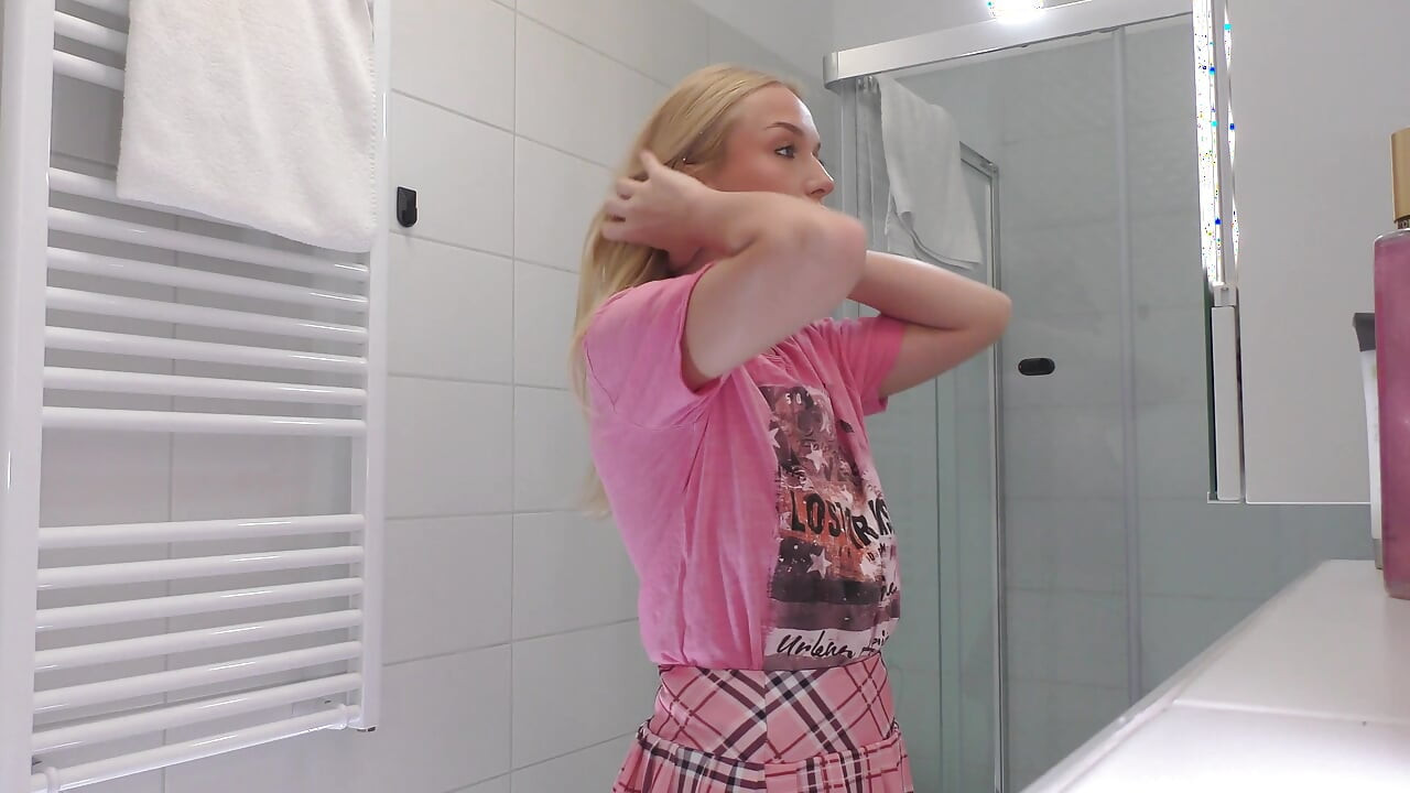 Cute Beautiful and Hot All Natural Big Tits Big Ass Blonde College Slut Masturbates with a Small Massager Using Under Her Skirt