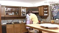 Brunette MILF bent over the kitchen windowsill to shove his cock deep inside her pussy