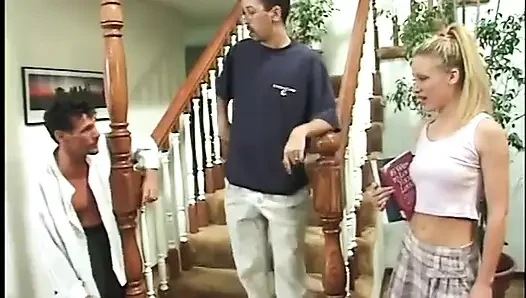Blond teen doing DP on stairs