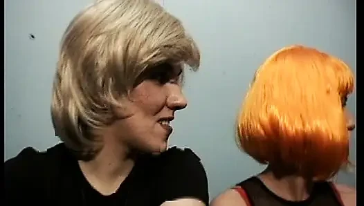 Nasty German sluts with wigs sharing big dildos in hot lez orgy