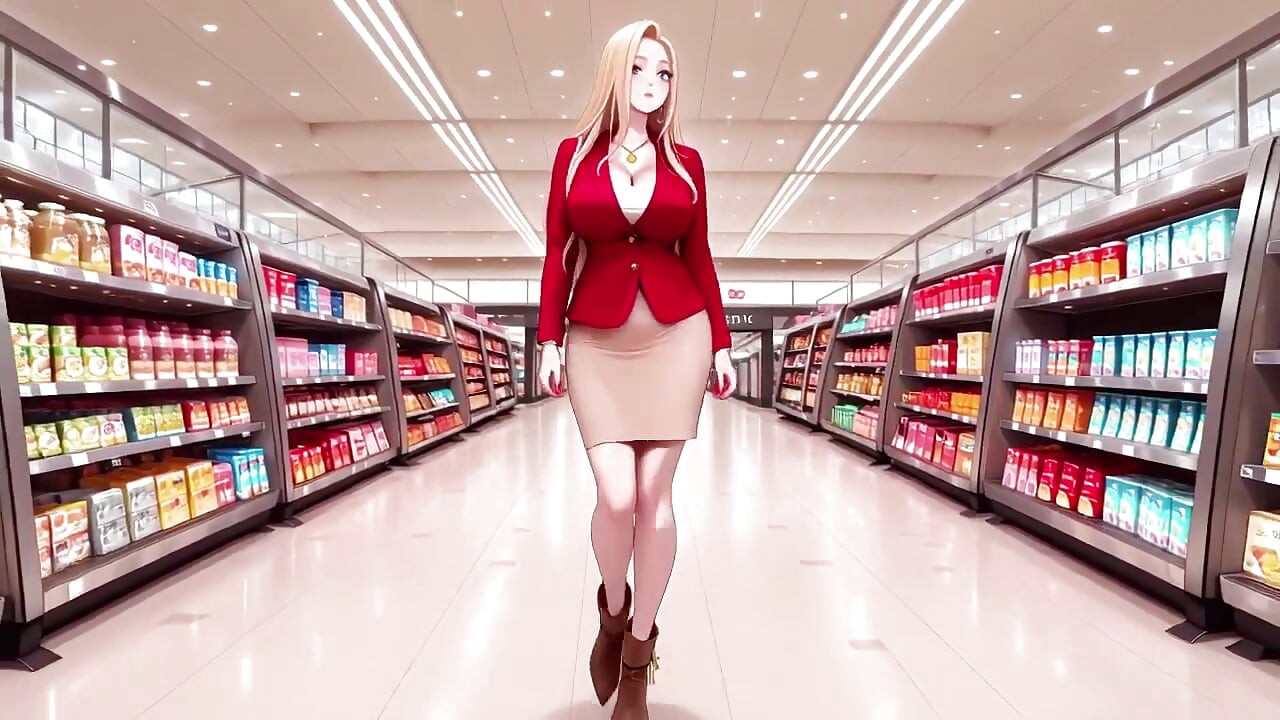 Red Suit Blonde From Supermarket Stroll to Lazy Orgasm, She Even Puts Her Legs up on the Desk?