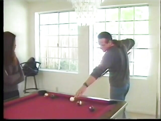 Hot small titted Asian lies on pool table so toned dude can fuck her hairy bush