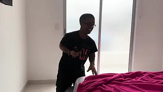 Young Masseuse Gives His Little Friend's Stepsister a Hard Fuck, While He Watches Them Fuck Her