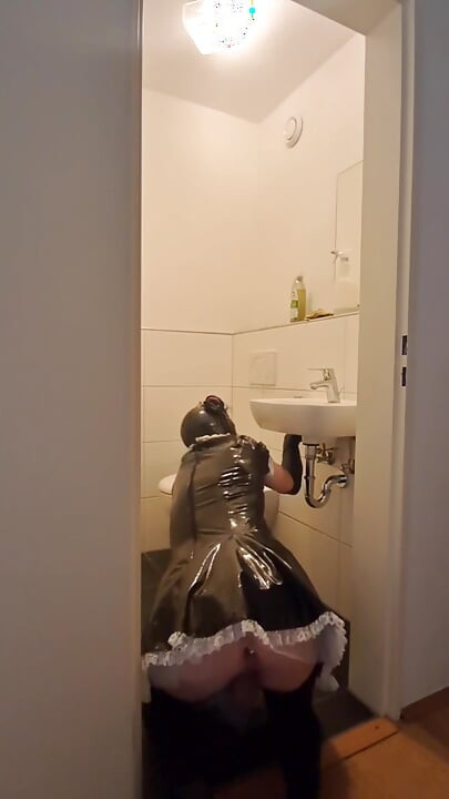 Caged Sissy Maid Slave - Cleaning the Bathroom for Mistress and Her Boyfriend
