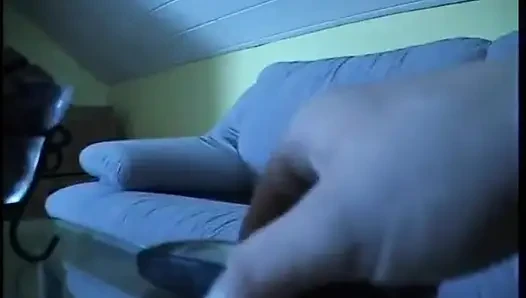 Busty blonde with round ass wearing stockings masturbating before getting cum on tits