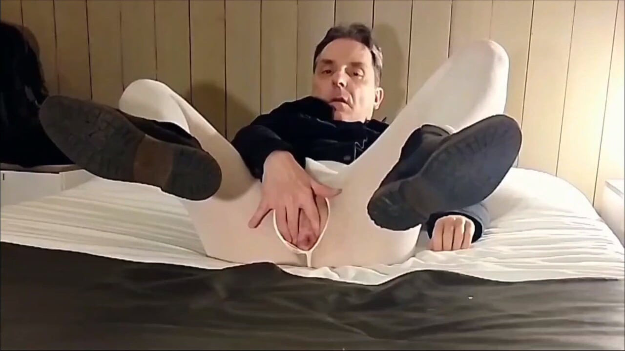 Cock stroking and ass fingering in white open pantyhose