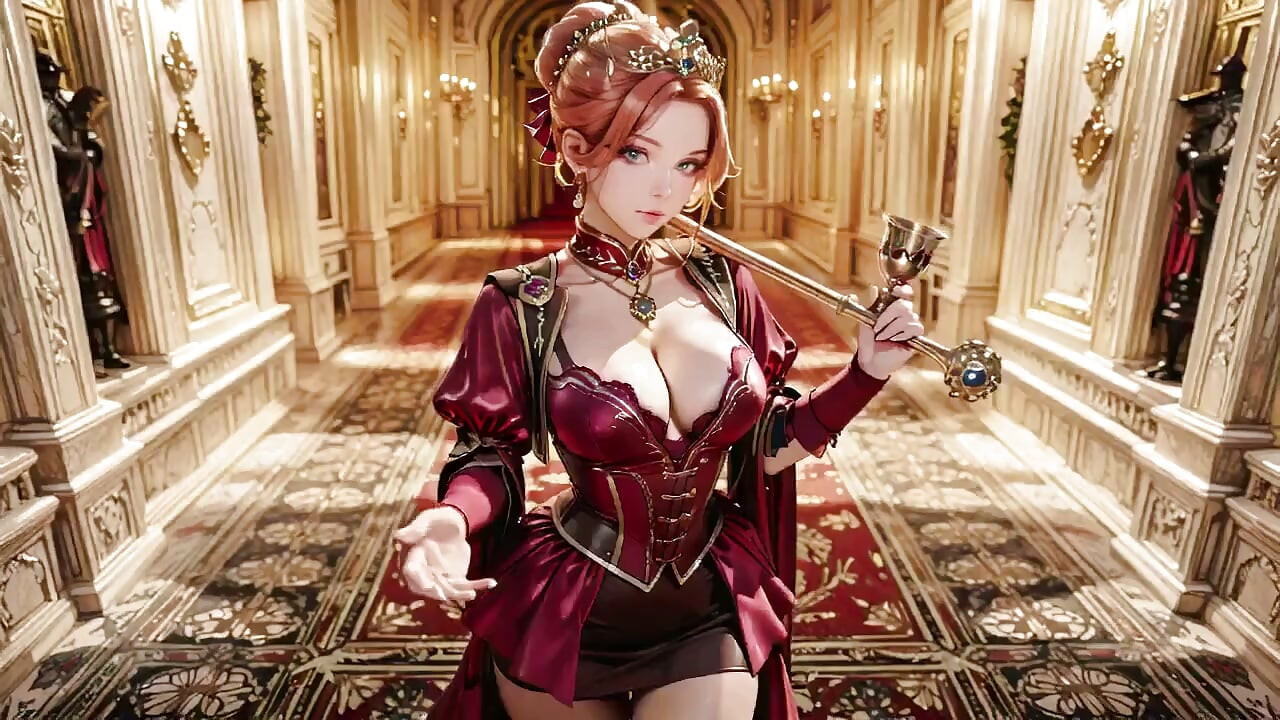 Reine rouge sur le trône d’or ! Robe de velours profond, repos de chin paresseux et un regard qui s’enferme sur toi. Est-elle une règle ou une proie ?
