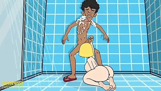 Stepmom Takes a Shower and Helps Stepson Empty His Balls of Sperm