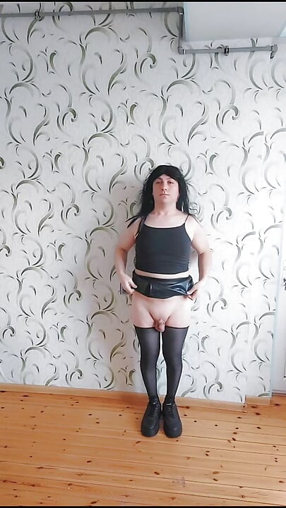 Pretty Gothic Princess Femboy in Leather Skirt and Hot Tights Sweet Attractive Body