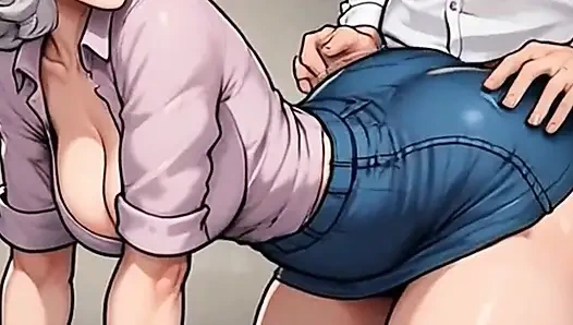 Секретарша Waifu в видео от первого лица - горячая бабуля с белыми волосами и брюнетка в офисе соблазняет крупным планом