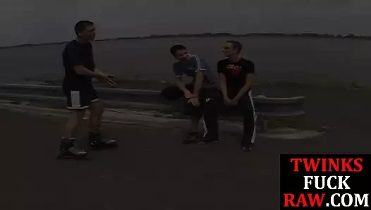 Amateur twink blowing dick in trio until cumshot in mouth