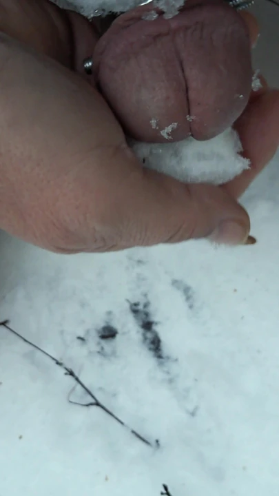 Winter challenge. My keyholder's task: put on a spiked ring and rub my little loser penis with snow.