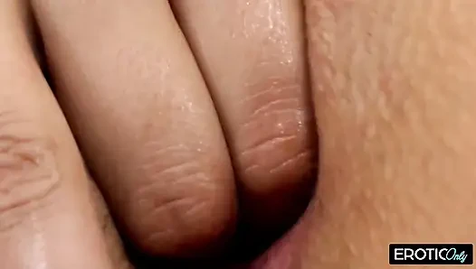 Brunette Toys Both Holes with Pink and Purple Dildos