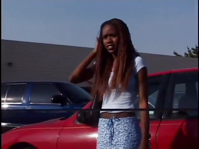 Young ebony with small tits gets some white cock banging by the pool