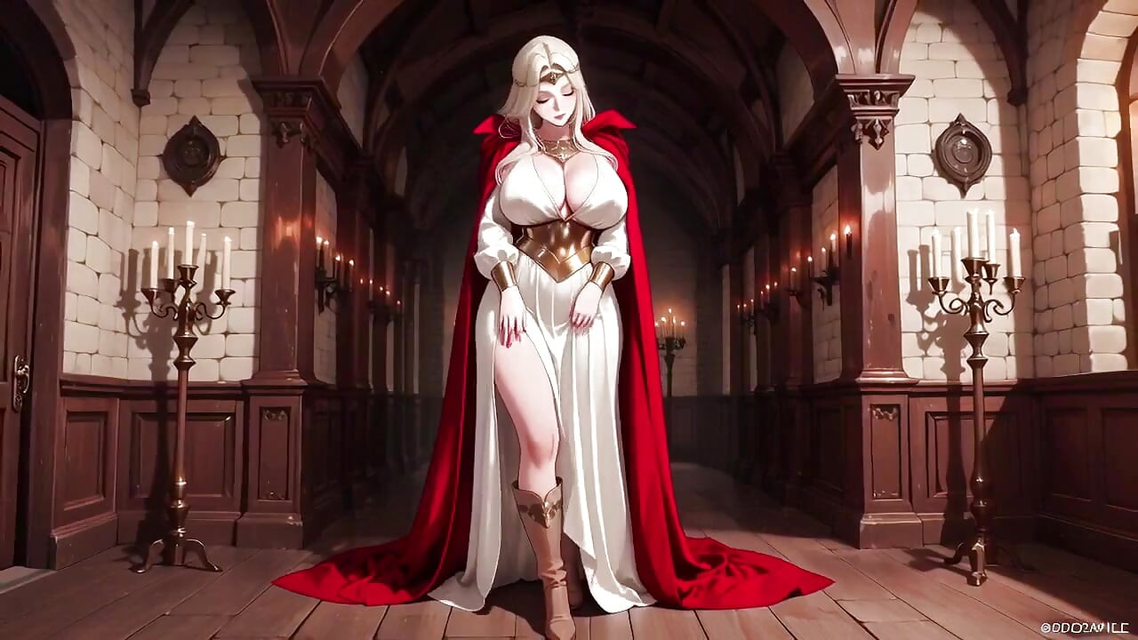 Languid Reading in a Gothic Library, White Robe and Red Cape, Hand Resting Gracefully with Half-closed Eyes.